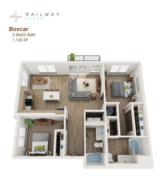 Floor Plan  Boxcar Floor Plan - 2 Bed/2 Bath 1,128 Sq. Ft. at Railway Flats Apartments, Loveland, CO, 80538