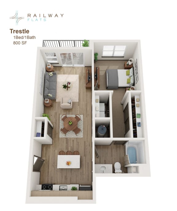 Trestle Floor Plan - 1 Bed/1 Bath Trestle Floor Plan - 1 Bed/1 Bath 800 Sq. Ft. at Railway Flats Apartments, Loveland, Colorado