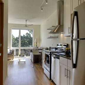 Entrance of Flat B, studio apartment floor plan at Coze Flats. Side view of kitchen with stainless steel appliances, white cabinets and black granite countertops