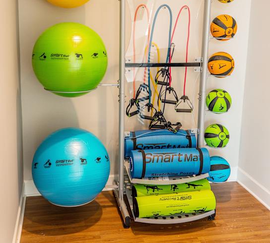 A room with a rack of exercise equipment and three exercise balls.