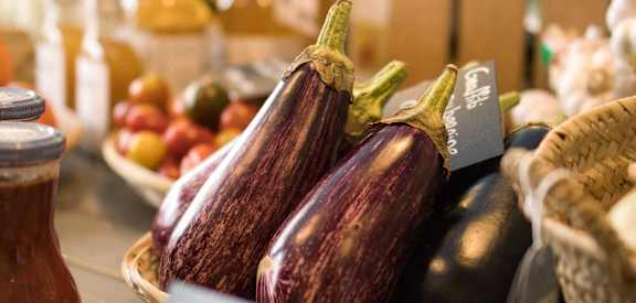 A basket of eggplants is on display in a store at Coast Pine