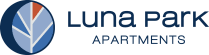 a logo with the words luna park apartments on a black background