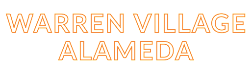 The image displays the text "Warren Village Alameda" in bold, orange letters on a black background.