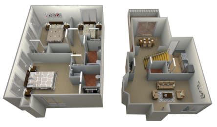 Two story 3D floor plan with bedrooms and living areas at Pilgrim Village - Canton, MI Apartments, Canton, MI