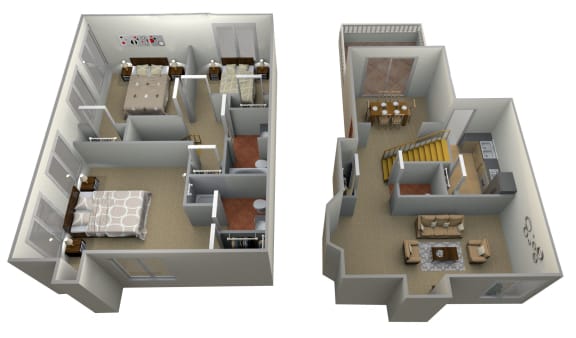 Two story 3D floor plan with bedrooms and living areas at Pilgrim Village - Canton, MI Apartments, Canton, MI