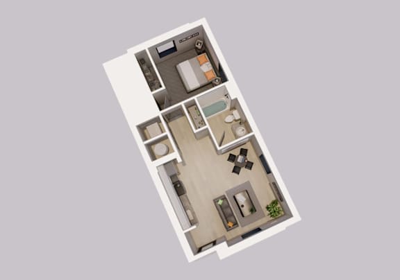 A top-down view of a house layout with a kitchen, living room, and two bedrooms.