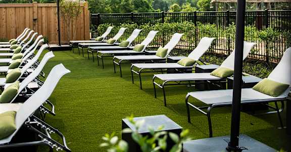 a row of lawn chairs and umbrellas on a lawn