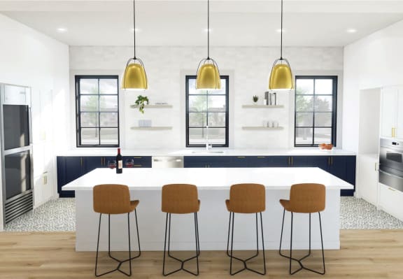 a kitchen with a large white island and four brown chairs