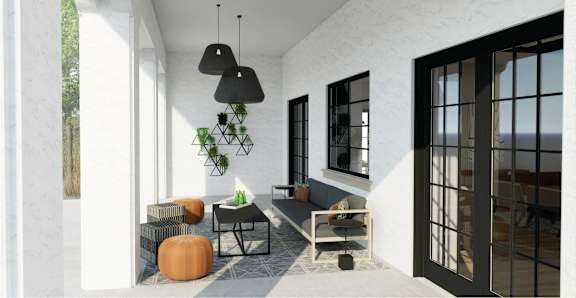 a rendering of a living room with a couch and a table