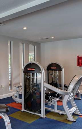 A gym with a variety of equipment including dumbbells, weight machines, and a bench press.