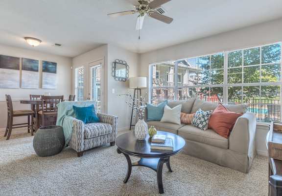 Spacious living room at Villas at Bailey Ranch Apartments, Owasso, OK, 74055