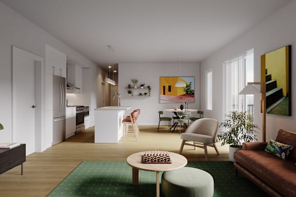 A living room with a couch, a chair, a table, and a rug.