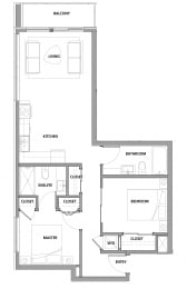 Two bedroom, two bathroom apartment layout at Lynn Creek Apartments in North Vancouver, BC
