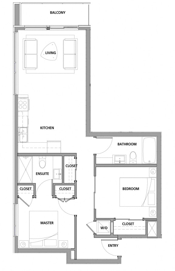 Two bedroom, two bathroom apartment layout at Lynn Creek Apartments in North Vancouver, BC