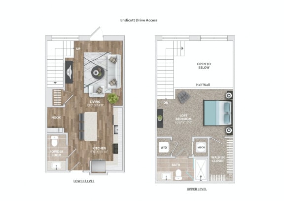 two layouts of a floor plan of a living room and a bedroom at Vyne One Loudoun, Virginia