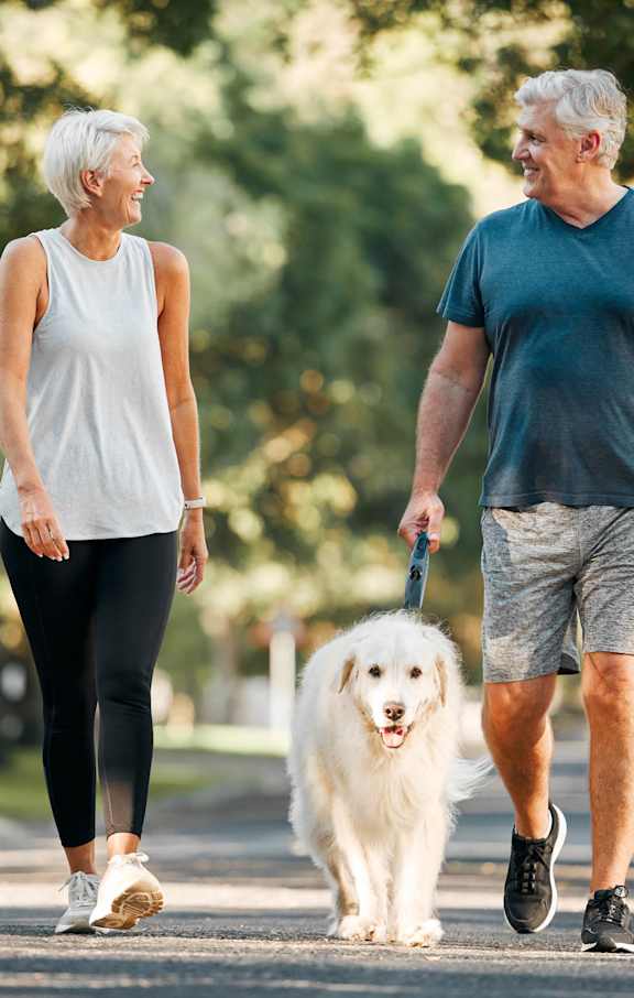 An older couple walking a dog in a park.