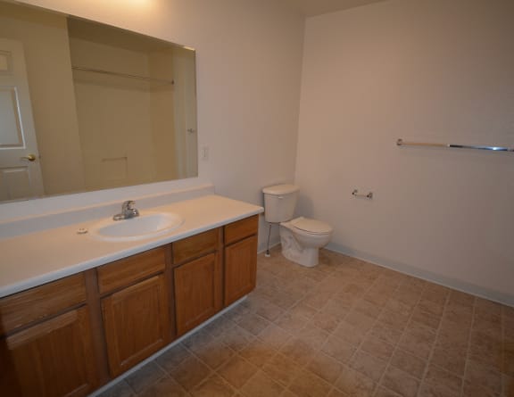 Image of a large bathroom showing toilet and mirror