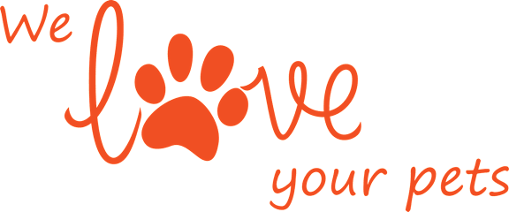 A graphic with a paw print and the words "we love your pets" written in cursive.