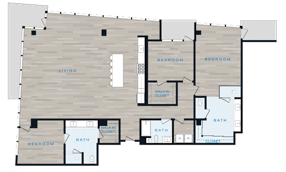 A floor plan of a house with two bedrooms, a living room, a bathroom, and a walk-in closet.