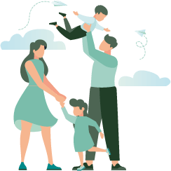 A family of three is depicted in an illustration, with the father lifting the baby into the air.at Penny Green Apartments, St Neots, WINTRINGHAM, PE19 0AJ
