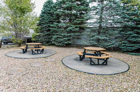 Two picnic tables are set up in a gravel area with trees in the background.