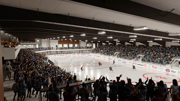 A hockey game is in progress in a packed arena.