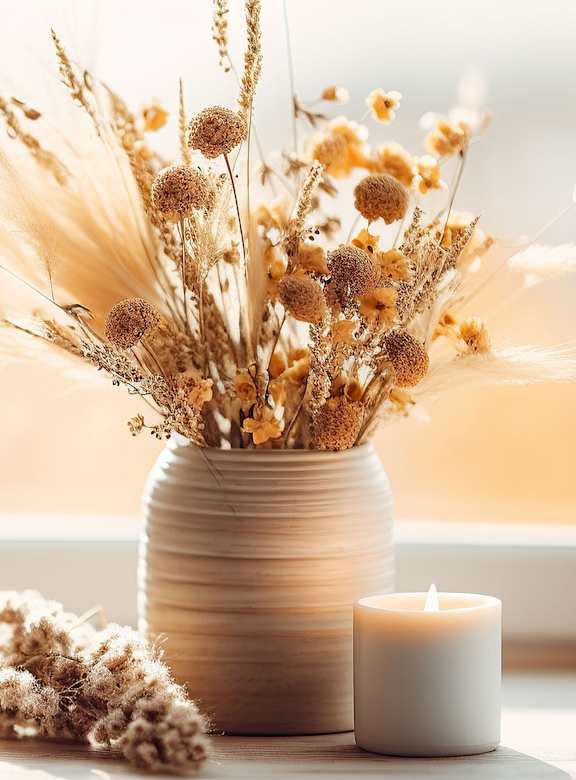 A vase with dried flowers and a lit candle sits on a windowsill.