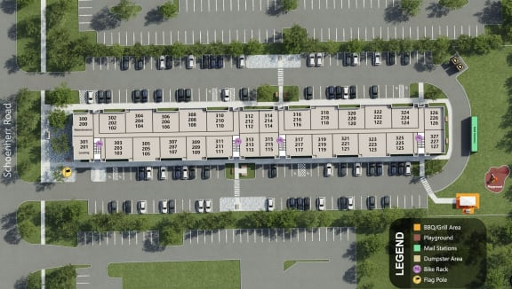 a site view of a parking lot of an apartment complex