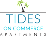 A logo for Tides on Commerce Apartments featuring two palm trees.