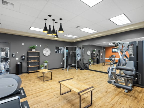 a gym with cardio machines and weights on a wooden floor