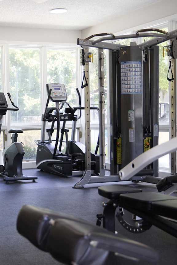 A gym with a variety of equipment including treadmills, weights, and exercise machines.