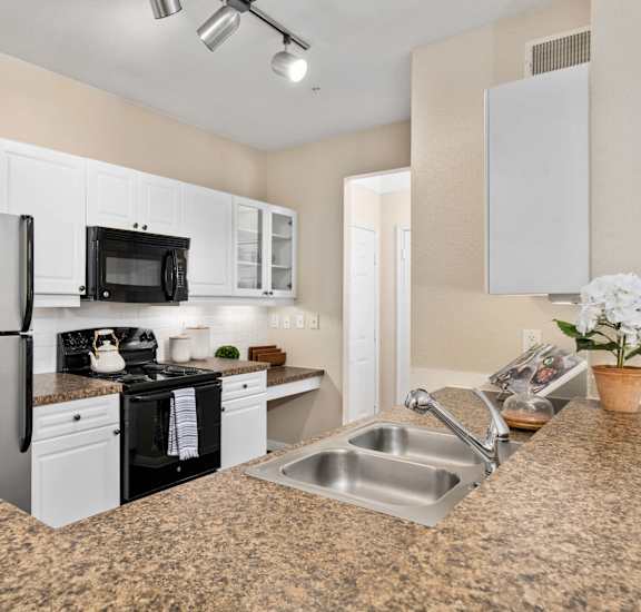 a kitchen with stainless steel appliances and granite counter tops at The Park at Monterey Oaks, Austin, Texas