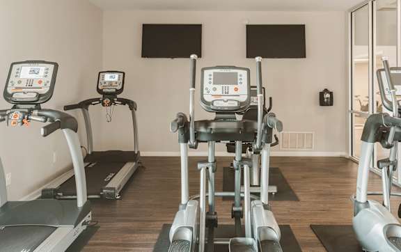 a row of exercise machines in a gym