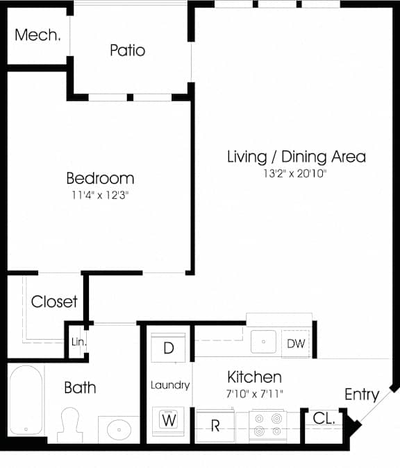 1 Bedroom Floor Plan at The Apartments at Cambridge Court, Rosedale, MD, 21237