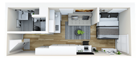 a 3d rendering of a bedroom and living room