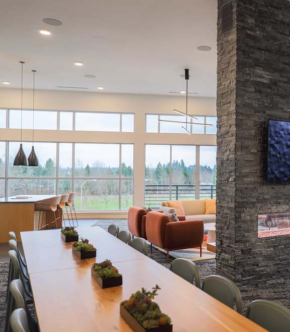 Clubhouse with fireplace at Hana Apartments, Hillsboro