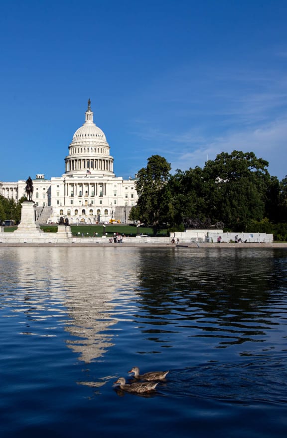 a view of the capitol building from the reflecting pool