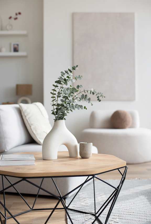 A white vase with greenery sits on a wooden table in a living room.