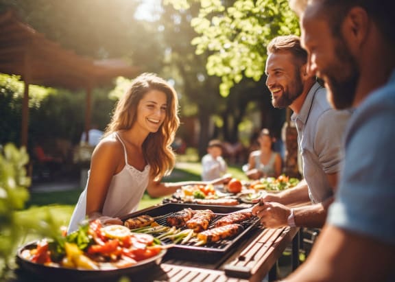 a group of people sitting around a picnic table eating food