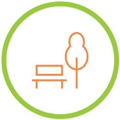 an illustration of a park bench and tree in a green circle