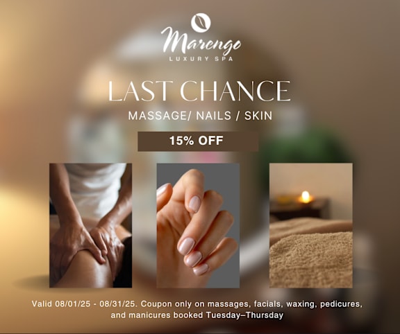 A promotional image for Marengo Luxury Spa offering a 15% discount on massages, nails, and skin treatments.
