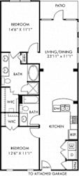 Woodland with Attached Garage 2 bedroom apartment. Kitchen with bartop open to living & dining rooms. 2 full bathrooms, double vanity and shower stall in master. Walk-in closets. Patio/balcony.