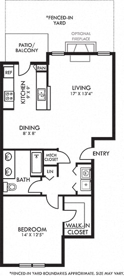 Belwood with Fenced-in Yard 1 bedroom apartment. Kitchen with bartop open to living &amp; dinning rooms. 1 full bathroom, double vanity. Walk-in closet. Patio/balcony open to yard. Optional fireplace.