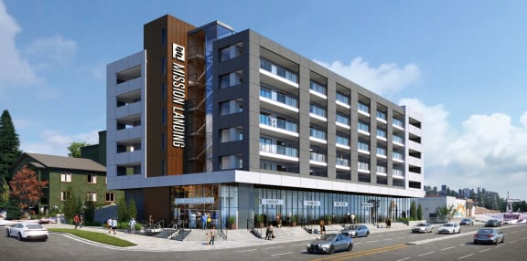 a rendering of a hotel building on a city street