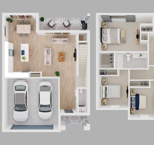 A floor plan of a house with two car parking spaces.