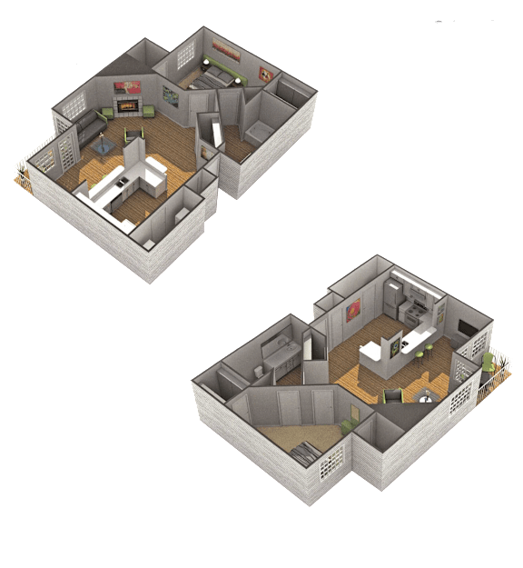 Two 3D floor plans of a house with a kitchen, living room, and bedrooms.