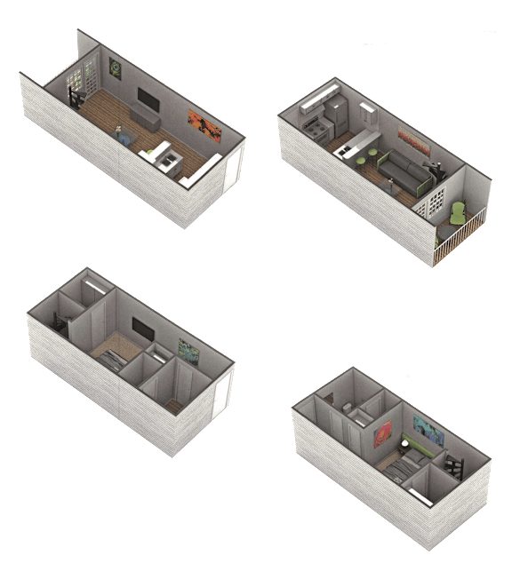 Four different 3D floor plans of a house.