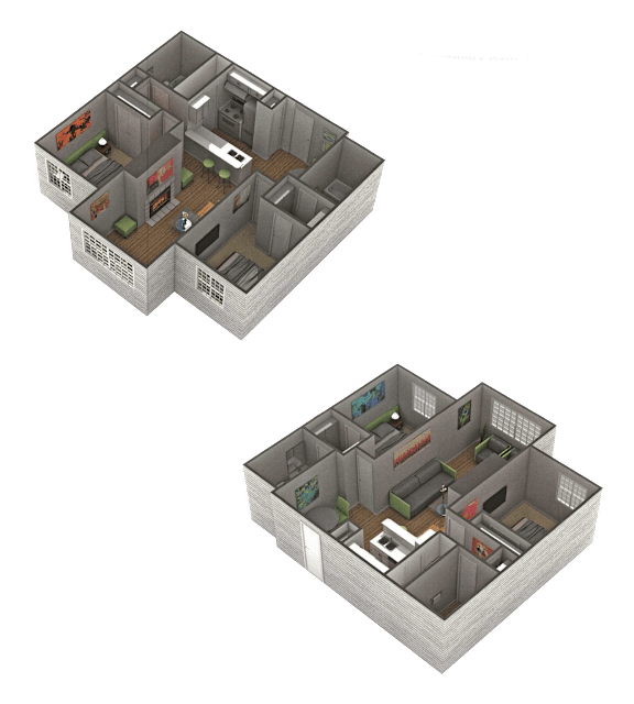 Two 3D floor plans of a house with different layouts.
