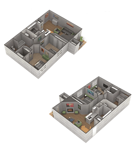 Two 3D floor plans of a house with labeled rooms.