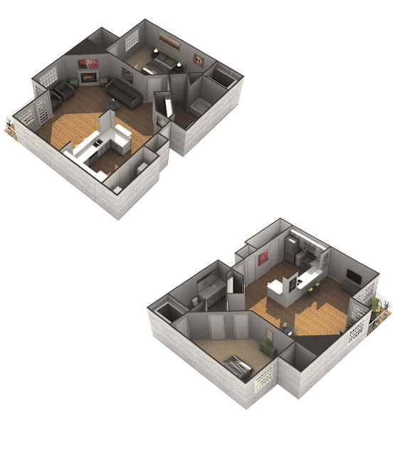 Two 3D floor plans of a house are shown.